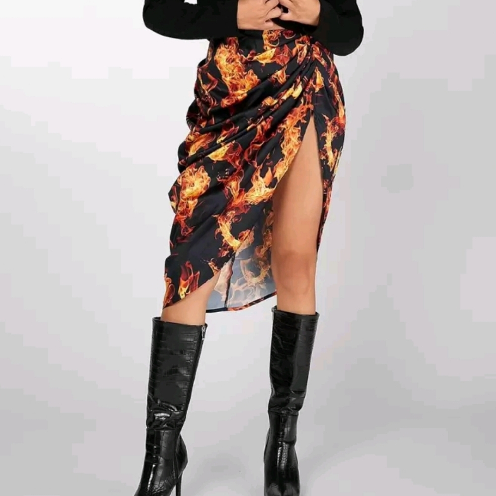 NWOT Fire Wrap Midi Split Thigh Orange Yellow